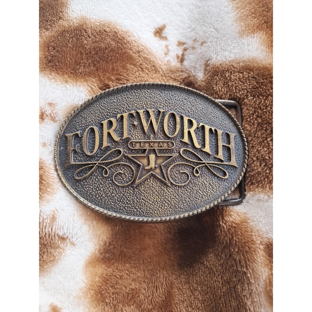 Fort Worth Texas Western Oval Belt Buckle Rope Edge Pewter Patina